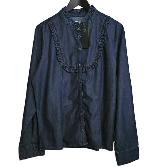NWT GUESS Blue Denim Slim Line with Ruffle Button Down Long Sleeve Shirt Size XL - Picture 1 of 13
